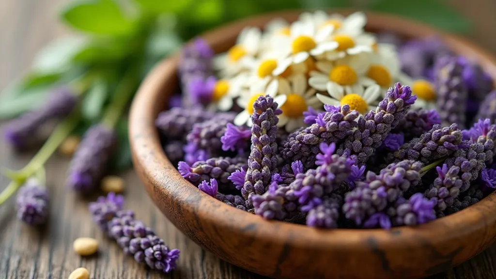 A close-up of a calming tea blend with lavender, chamomile, and lemon balm.