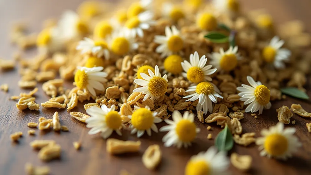 Dried chamomile flowers and loose leaf white tea