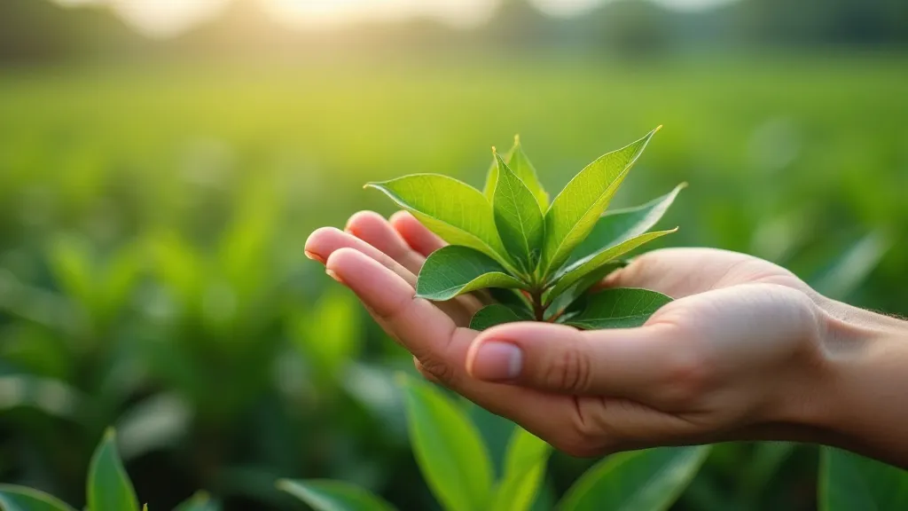 Hand holding green tea leaves