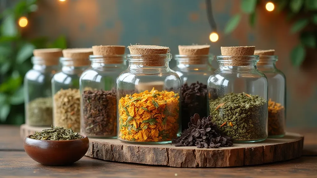 Assortment of colorful herbal tea blends in glass jars