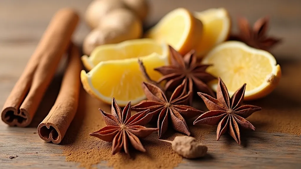 A close-up of a spice blend with cinnamon sticks, star anise, and dried ginger.