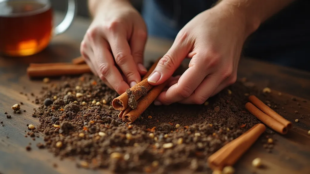 Hands blending tea leaves and spices