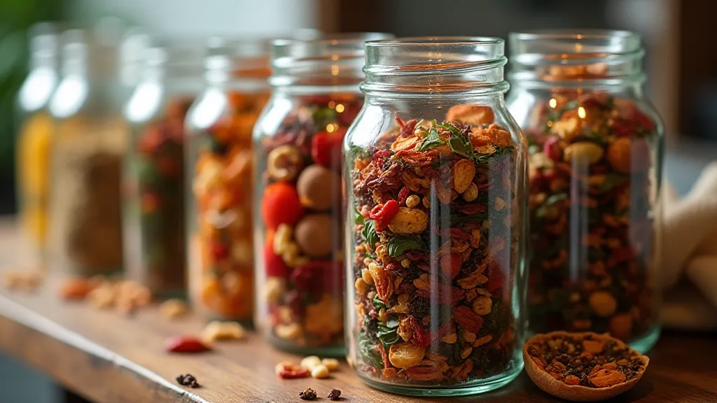 Glass jars filled with colorful tea blends