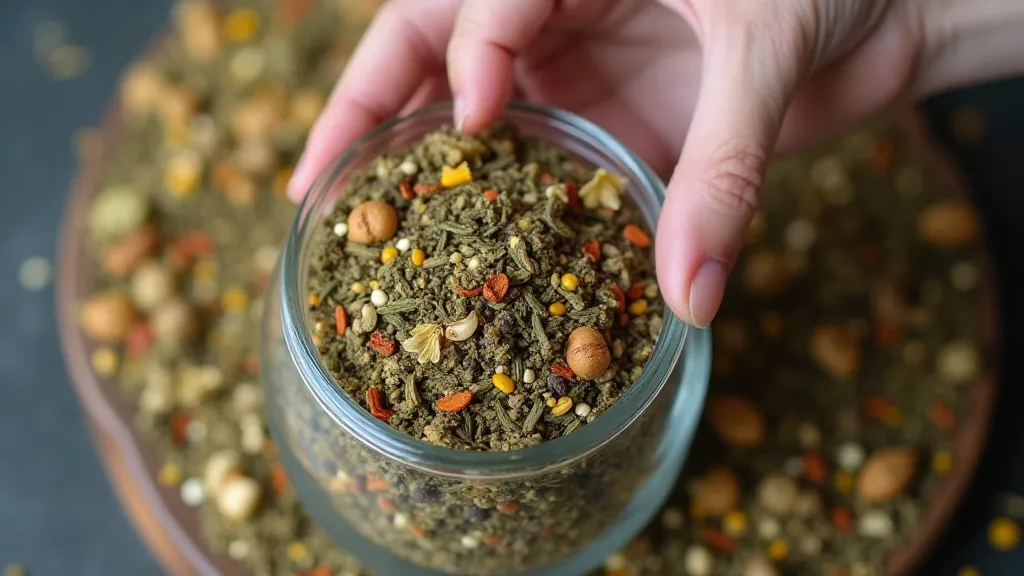 Hand adding herbs to a glass jar