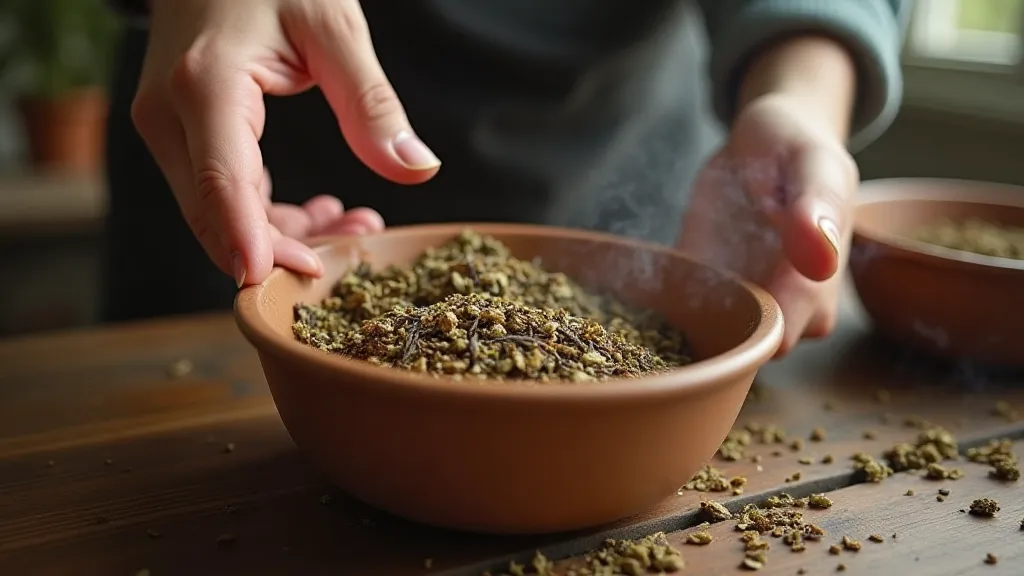 A hand blending herbs and tea leaves