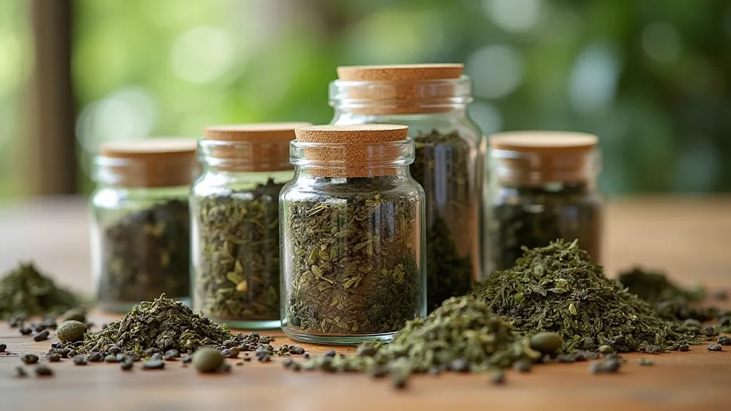 Dried tea leaves and herbs in jars